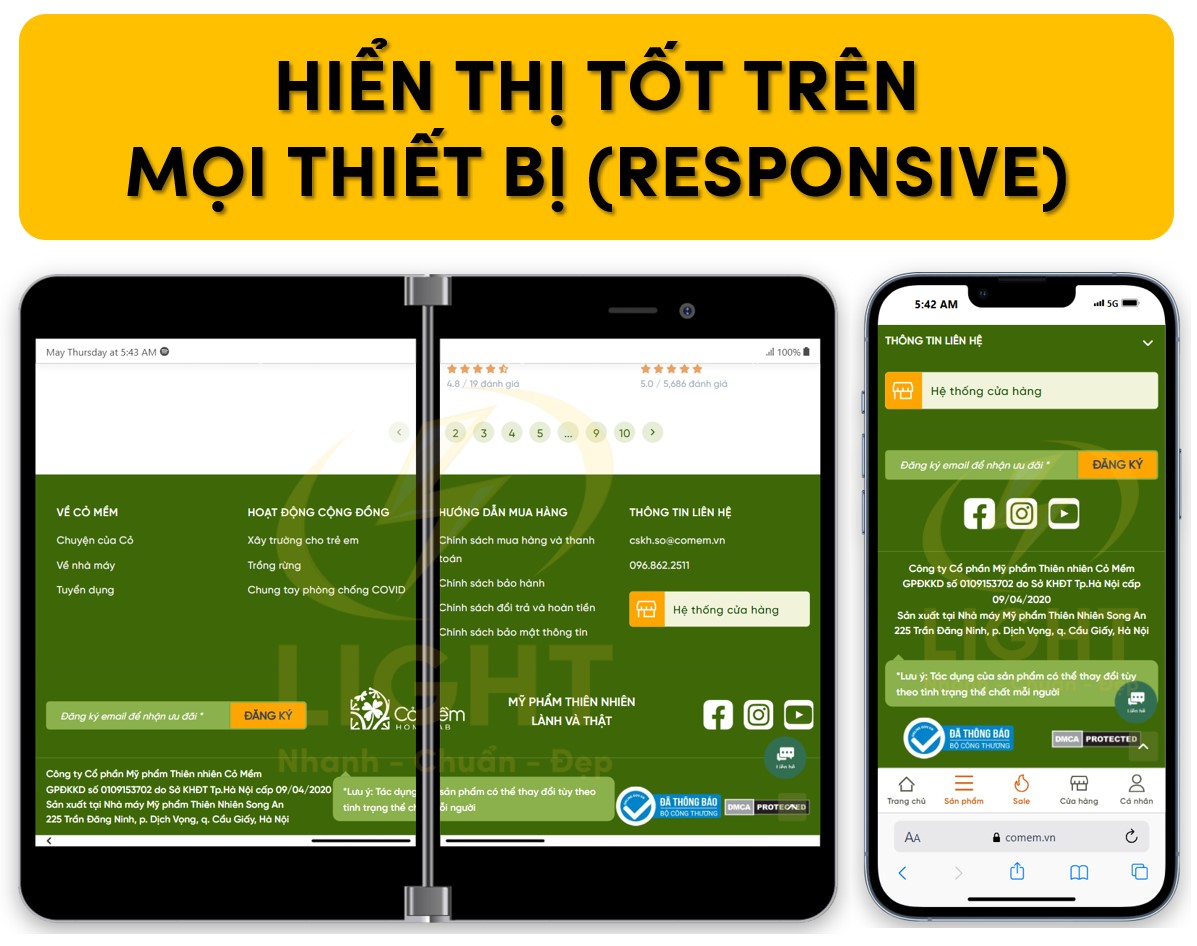 Footer hiển thị đáp ứng tốt trên mọi thiết bị