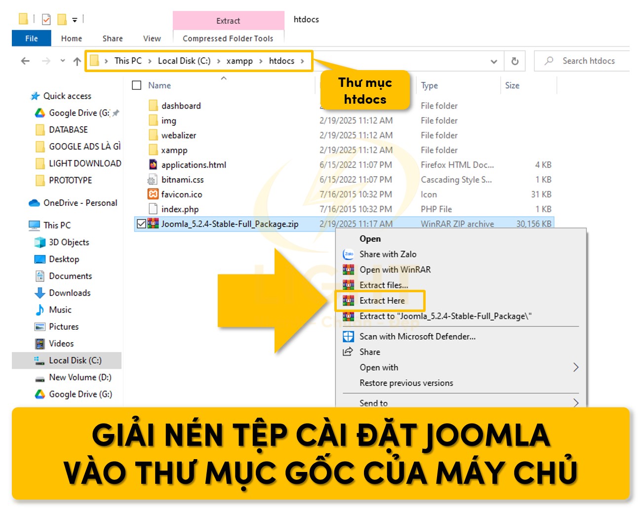 Giải nén file đã tải từ Joomla vào thư mục htdocs của máy chủ