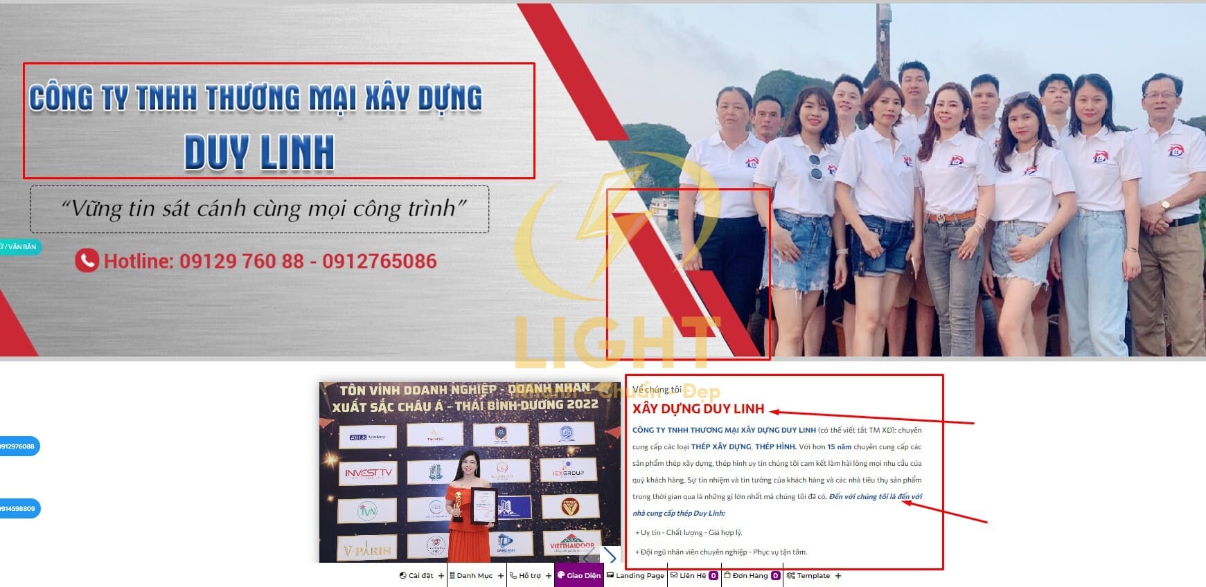 Giao diện banner và giới thiệu của website bán sắt thép