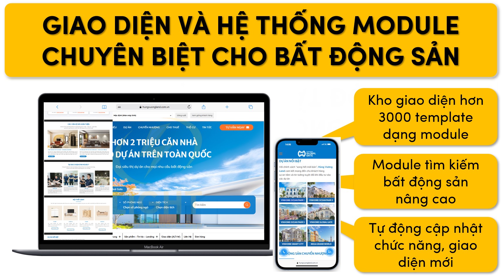 Giao diện chuyên biệt cùng hệ thống module dành riêng cho website bất động sản