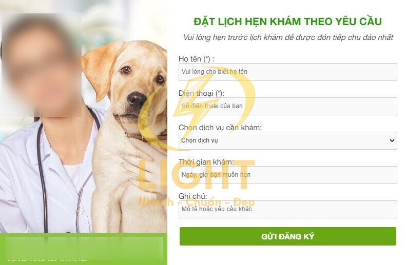 Giao diện đặt khám theo yêu cầu trên trang chủ website thú y