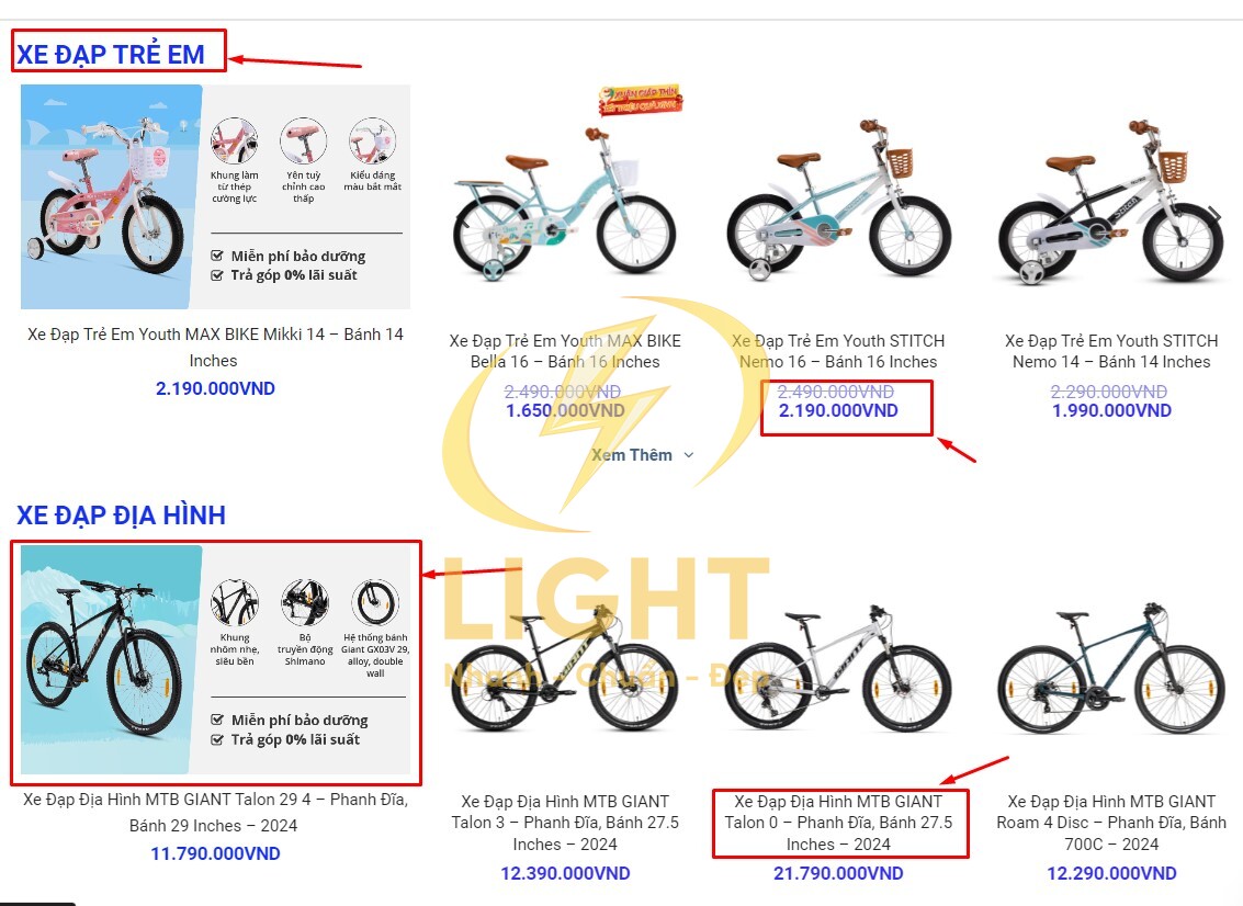 Giao diện module sản phẩm của Xedap.vn