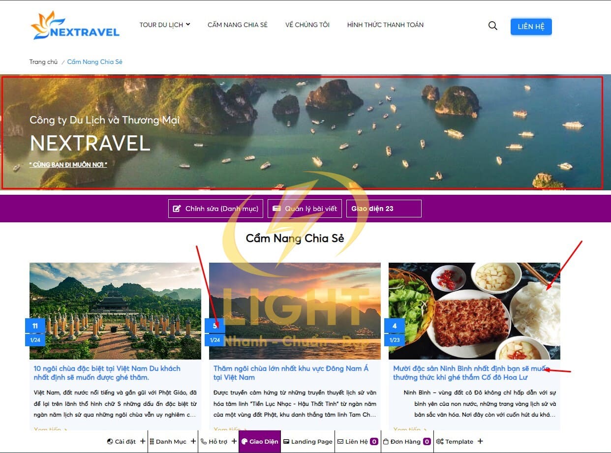 Giao diện quản trị bài viết cho phép tùy chỉnh của LIGHT web