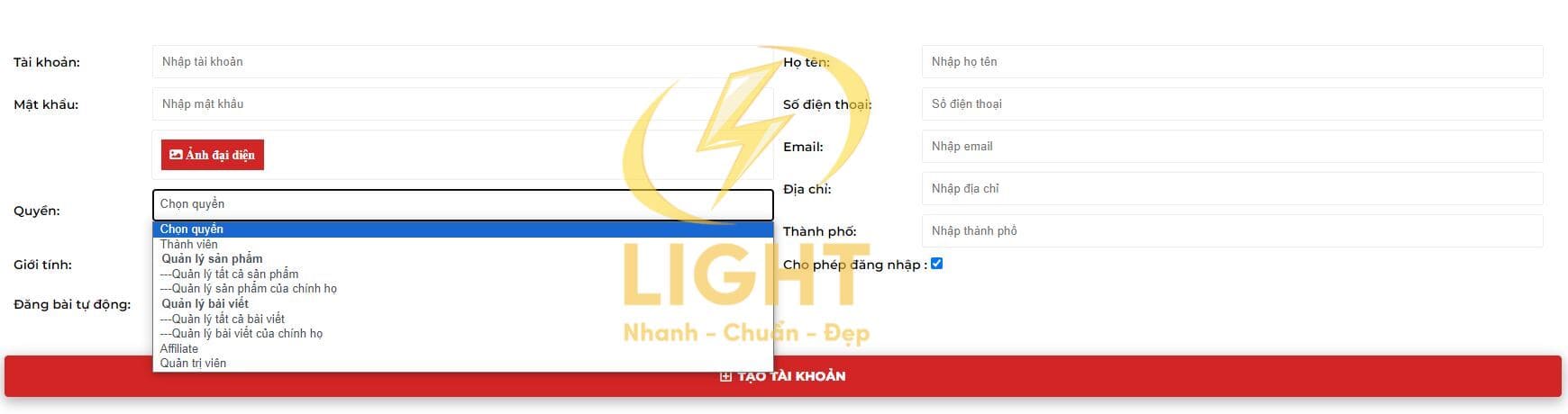 Giao diện tạo tài khoản cho người dùng của LIGHT web