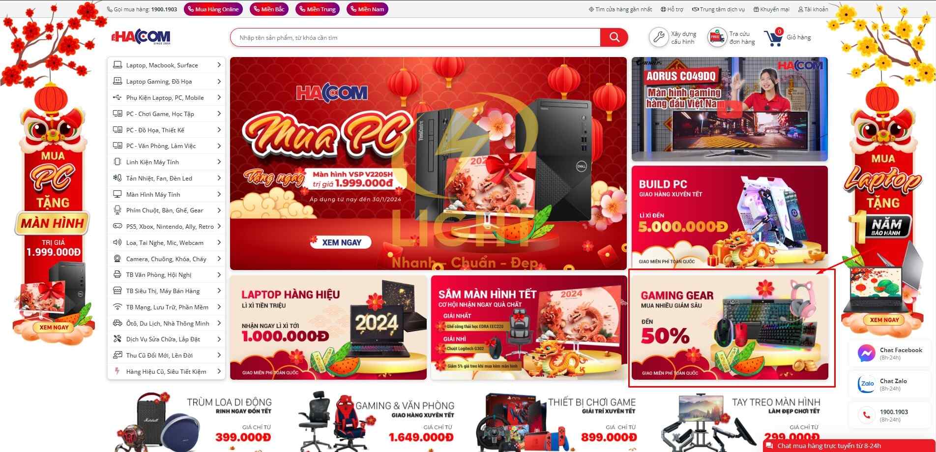 Giao diện trang chủ của website bán gaming gear HACOM