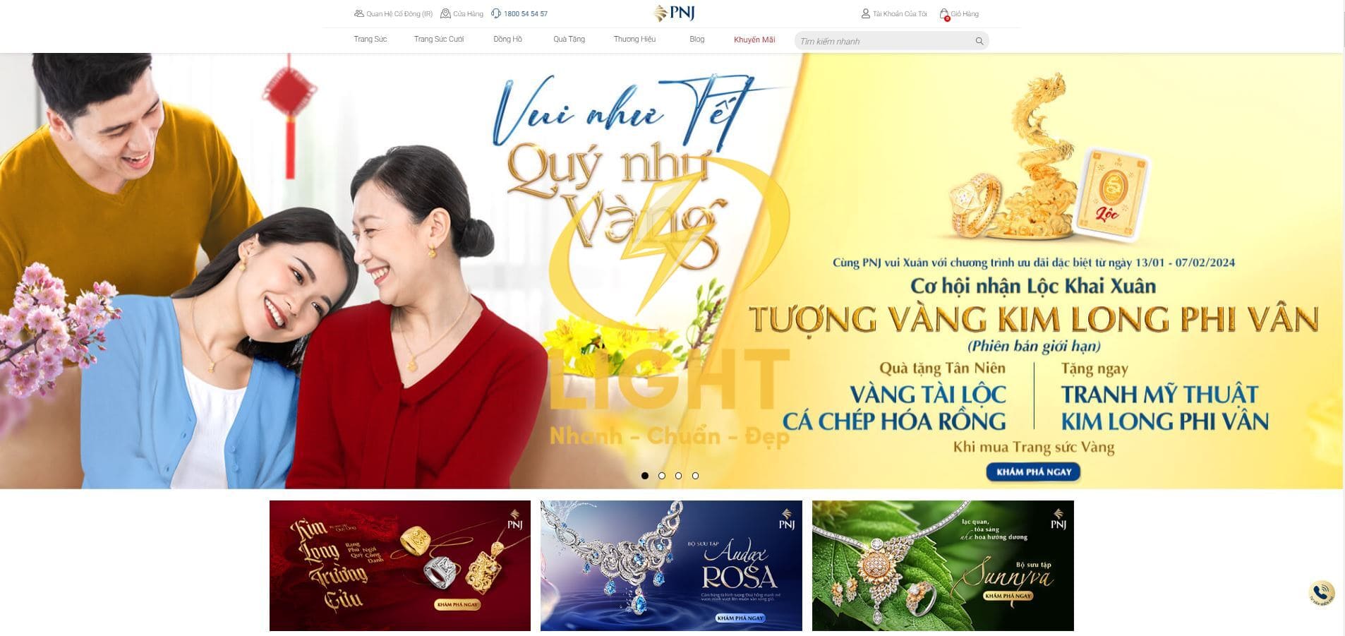 Giao diện trang chủ của website cửa hàng trang sức PNJ