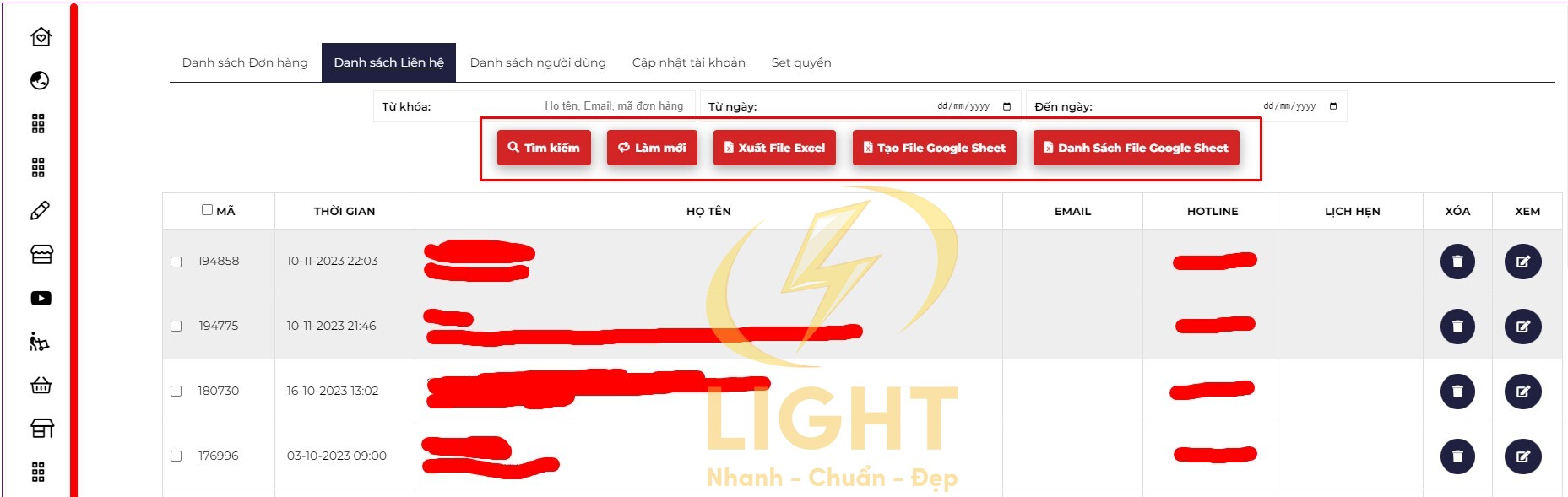 Giao diện trang liên hệ của web Light giúp tổng hợp thông tin khách hàng