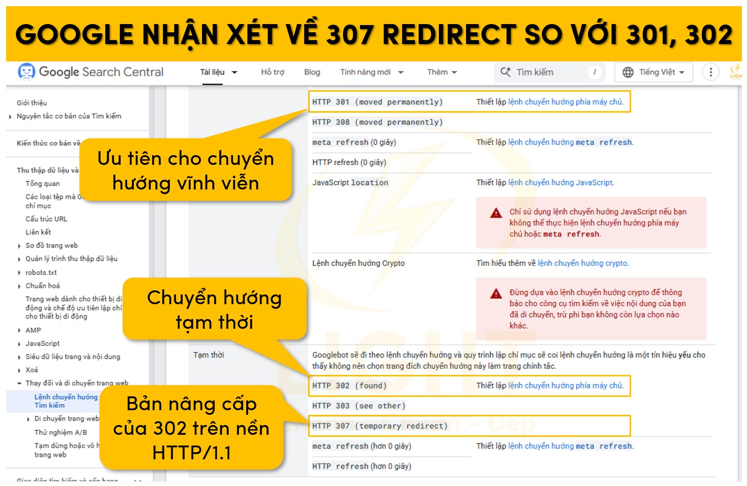 Google nhận xét về 307 Redirect so với 301, 302