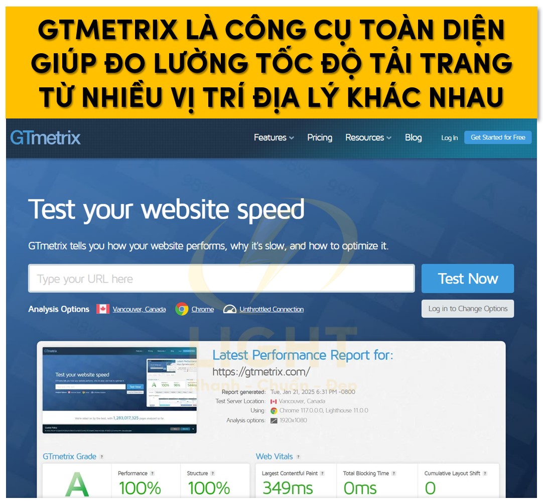 GTmetrix là công cụ toàn diện giúp đo lường tốc độ tải trang từ nhiều vị trí địa lý khác nhau.