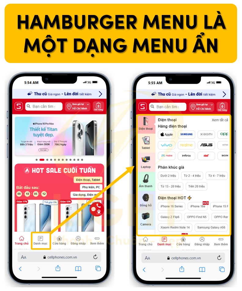 Hamburger menu là dạng menu ẩn trên các thiết bị mobile hay ipad