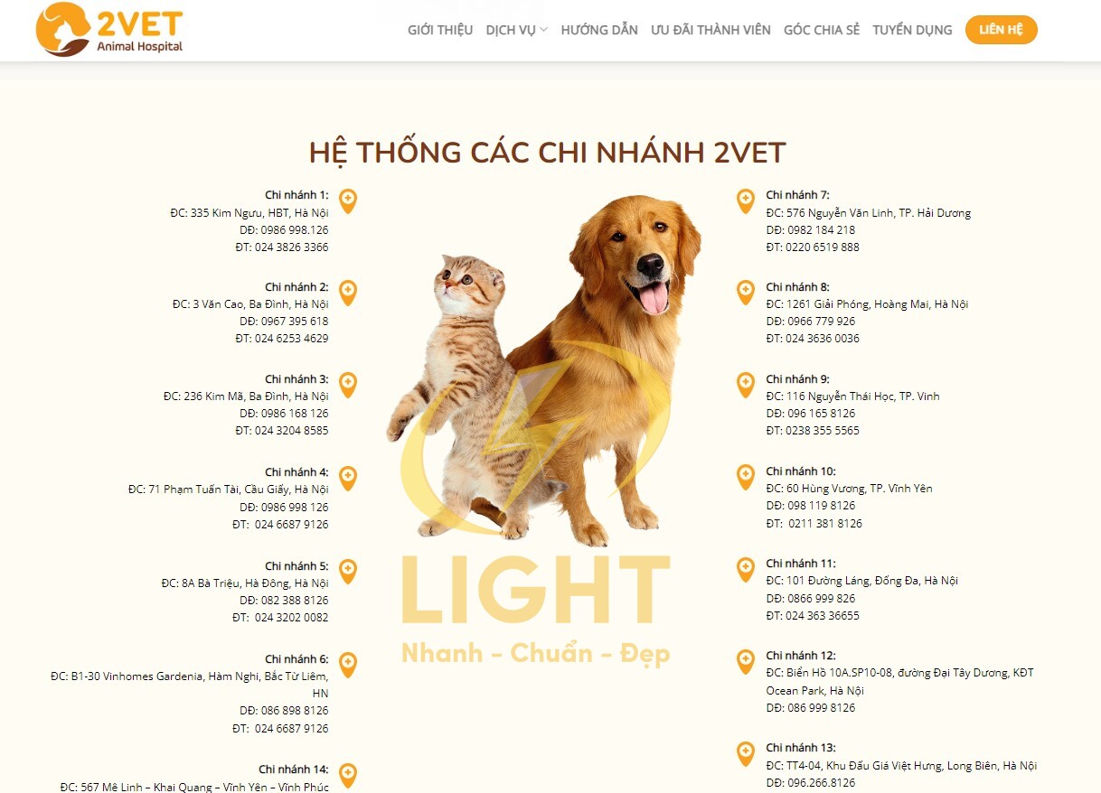 Hệ thống chi nhánh hiển thị trên trang chủ của 2Vet