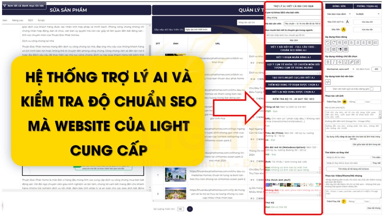 Hệ thống trợ lý ai và kiểm tra độ chuẩn seo mà website của light cung cấp