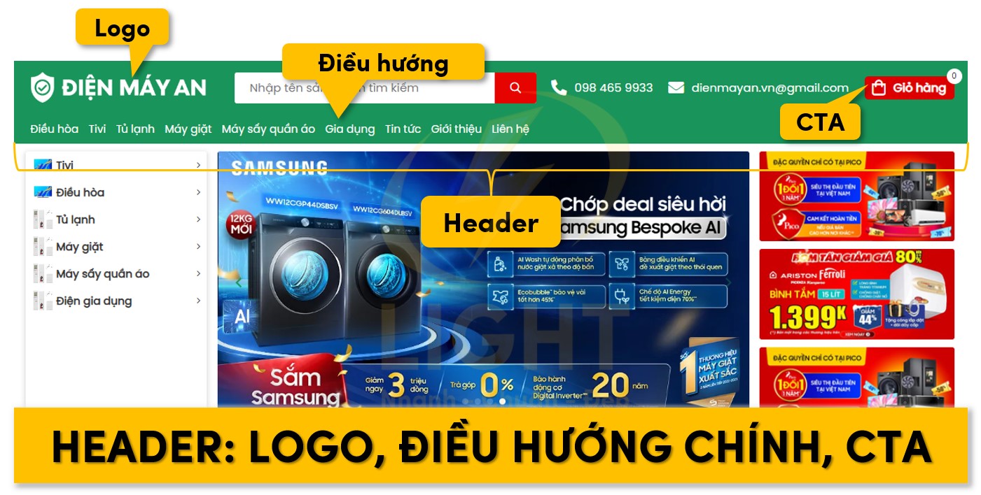 Các thành phần trong header gồm logo, điều hướng, CTA