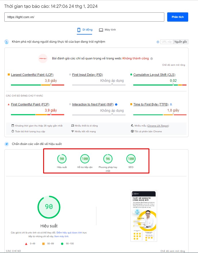 Hiệu suất của trang Light trên công cụ đo tốc độ của Google