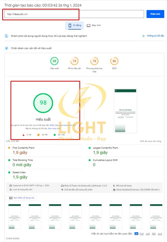 Hiệu suất của trang web Life Studio thông qua công cụ kiểm tra Google Developer Speed