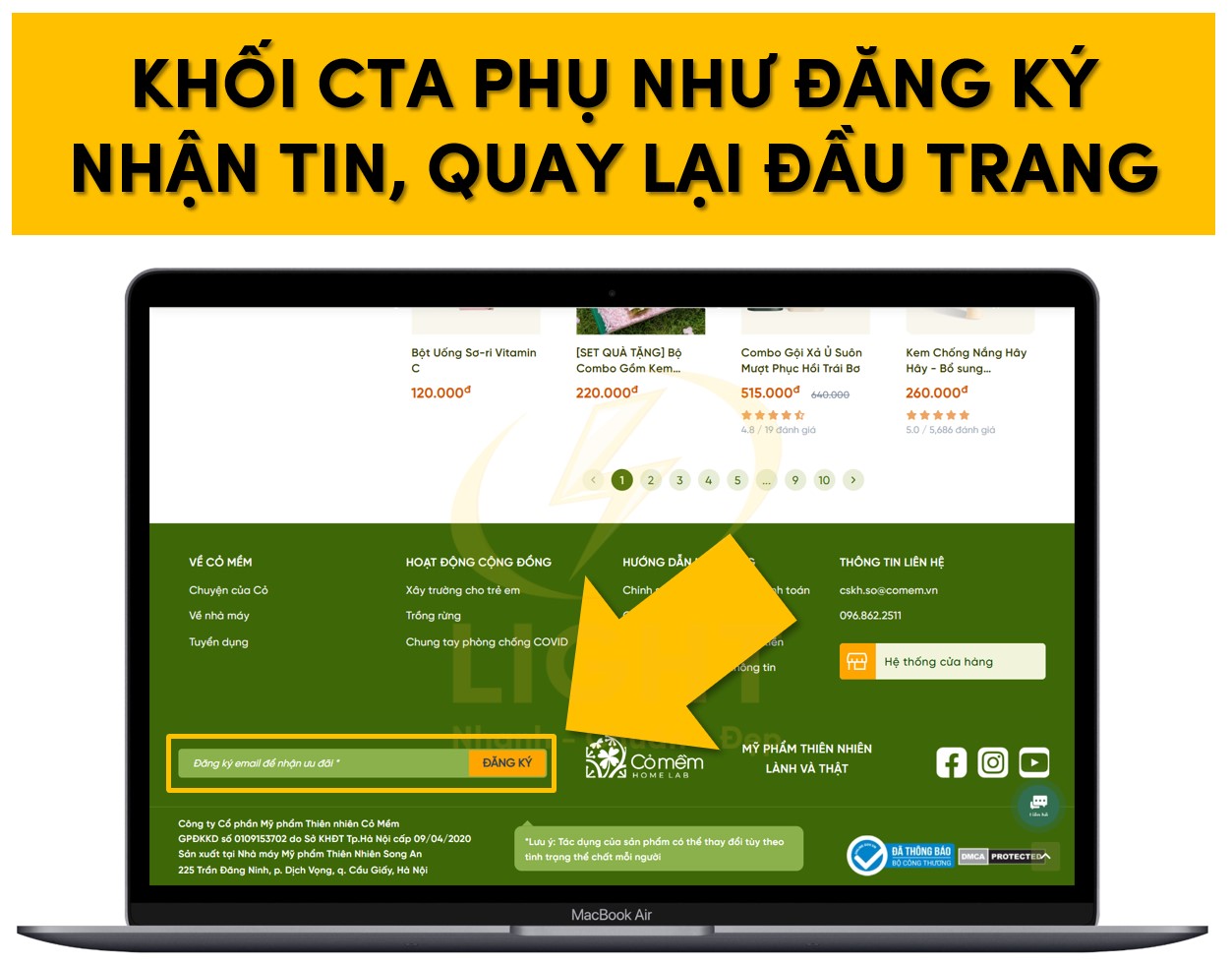Khối CTA phụ như form liên hệ nhận tin hay quay lại đầu trang