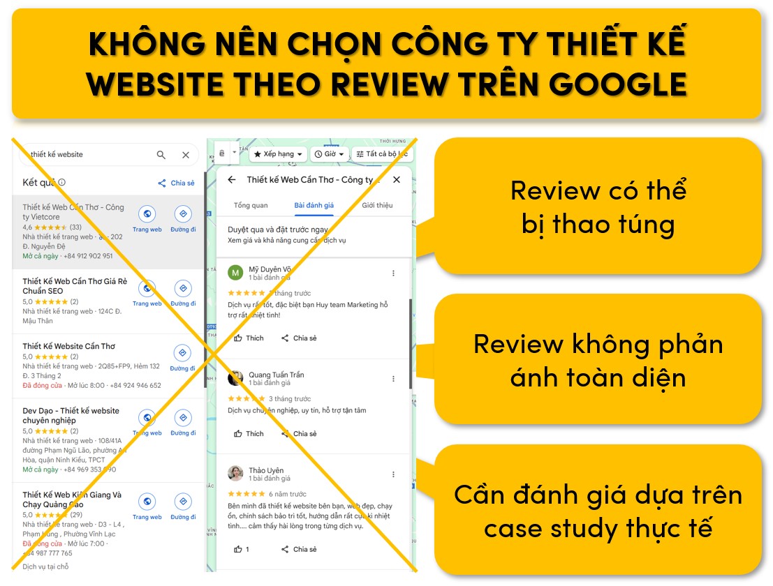 Không nên lựa chọn công ty thiết kế website theo review trên Google