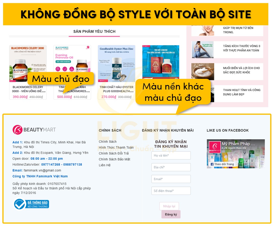 Footer không đồng bộ thiết kế với toàn bộ trang