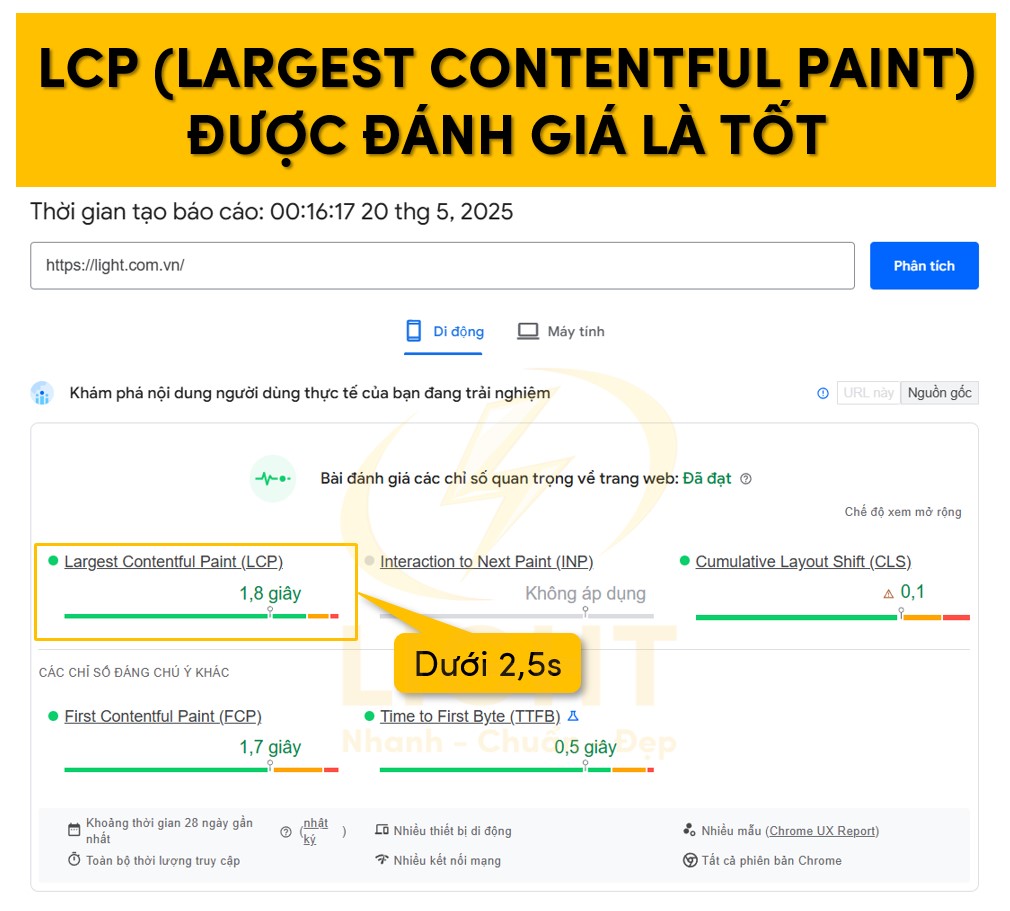 Thời gian dưới 2,5s được đánh là website có chỉ số LCP tốt