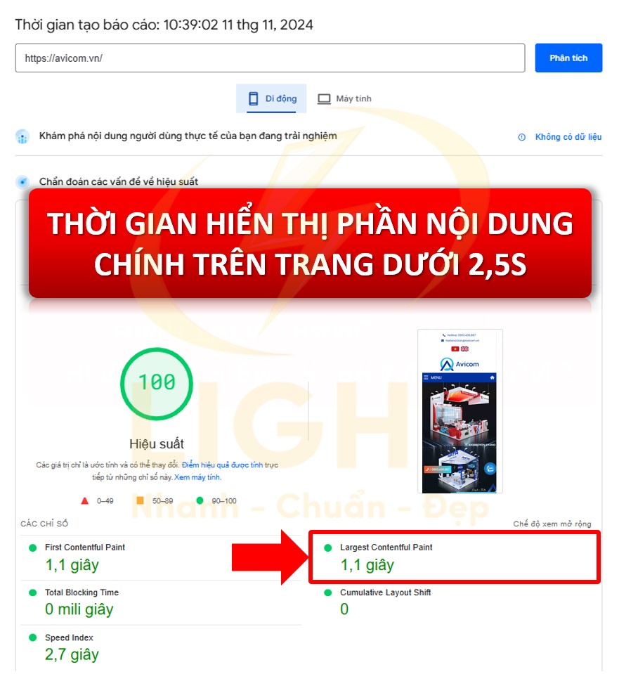 Thời gian hiển thị phần nội dung chính lớn nhất trên trang dưới 2,5s