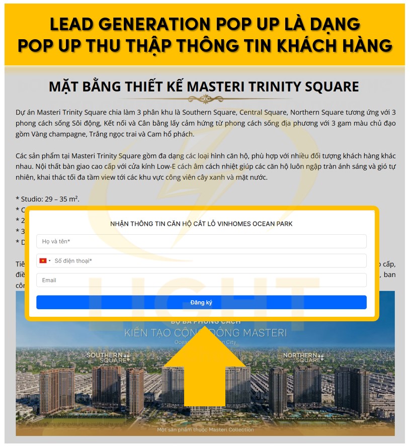 Lead Generration Pop Up là dạng form xuất hiện thu thập thông tin khách hàng
