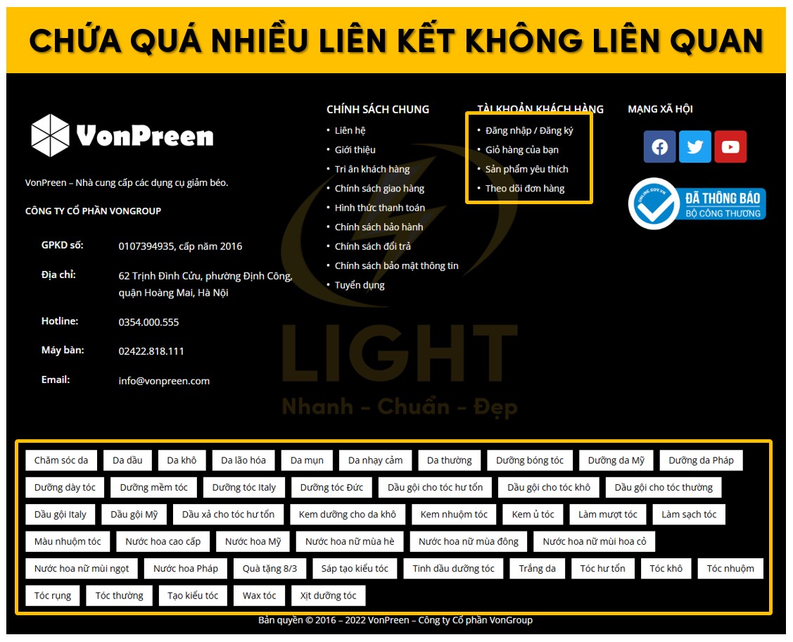 Chân trang chứa các liên kết không liên quan website