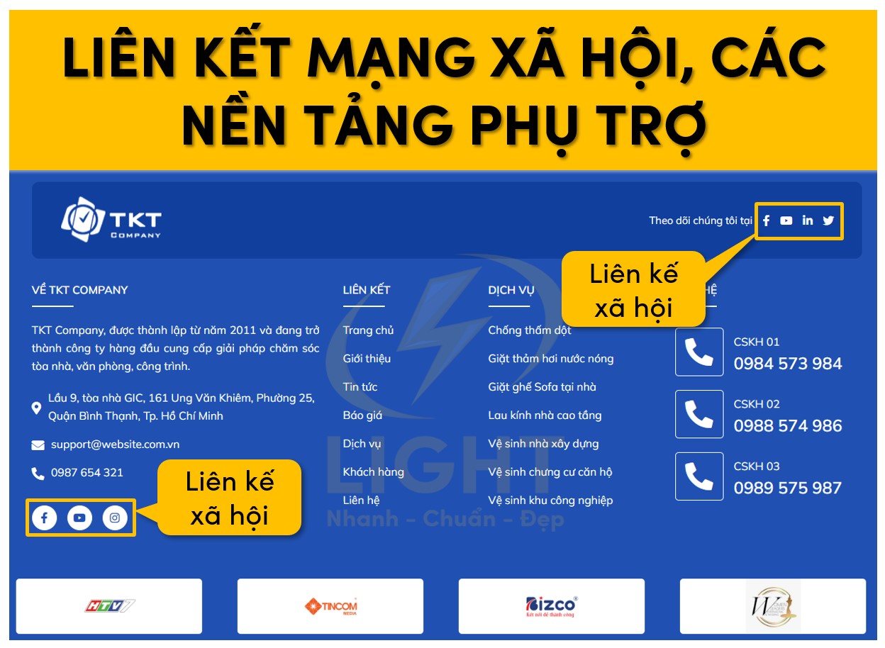 Liên kết các mạng xã hội và nền tảng phụ trợ trên footer