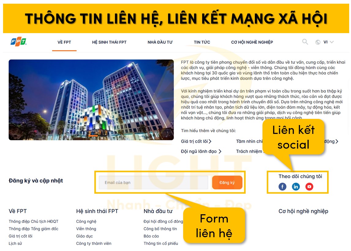 Thông tin liên kết xã hội, liên hệ trên trang