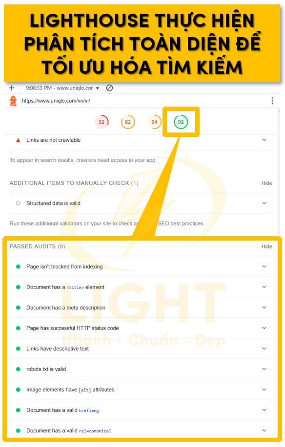 Lighthouse thực hiện phân tích toàn diện để đánh giá hiệu quả tối ưu hóa công cụ tìm kiếm (SEO)