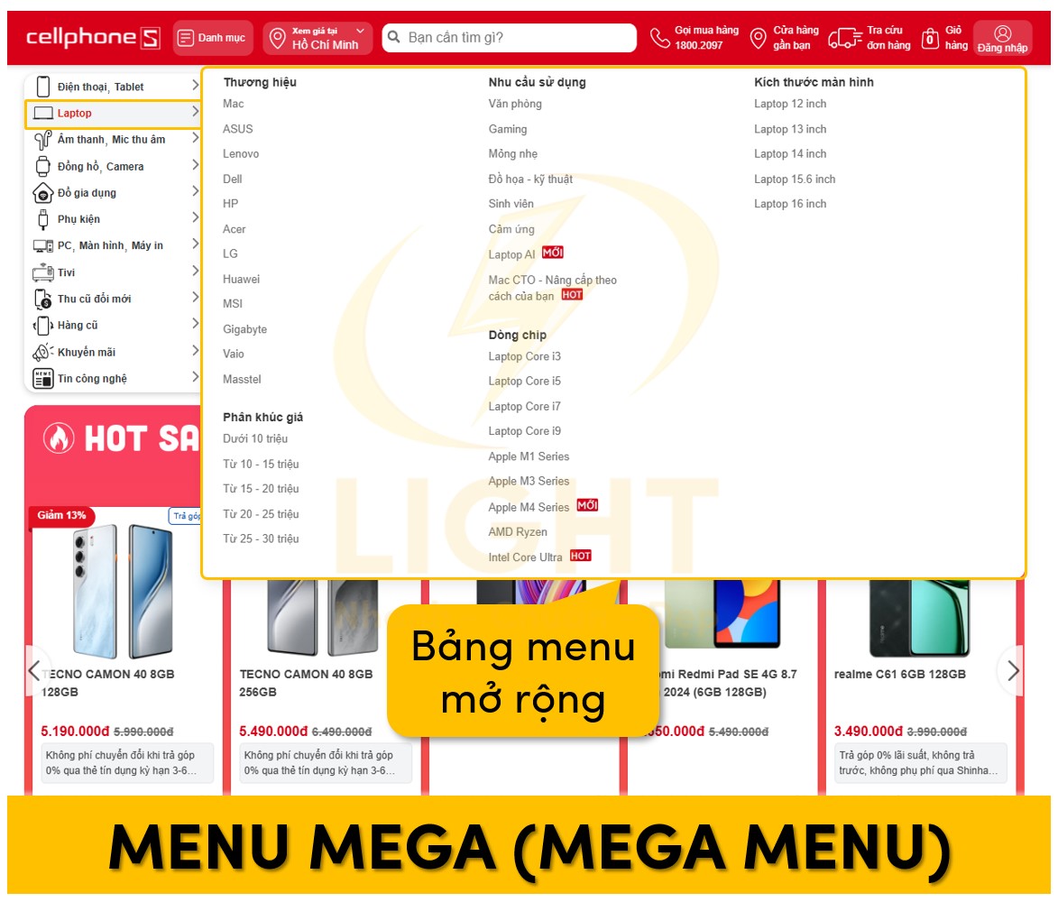 Dạng mega menu của Cellphones