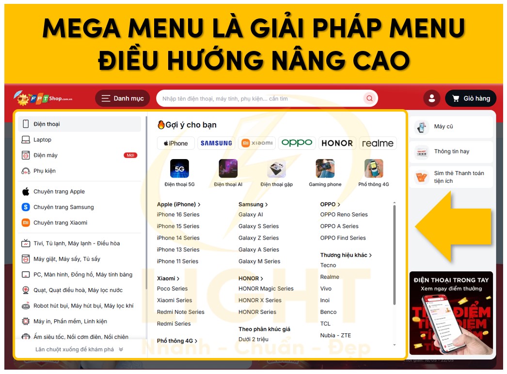 Mega menu phục vụ cho việc điều hướng nâng cao