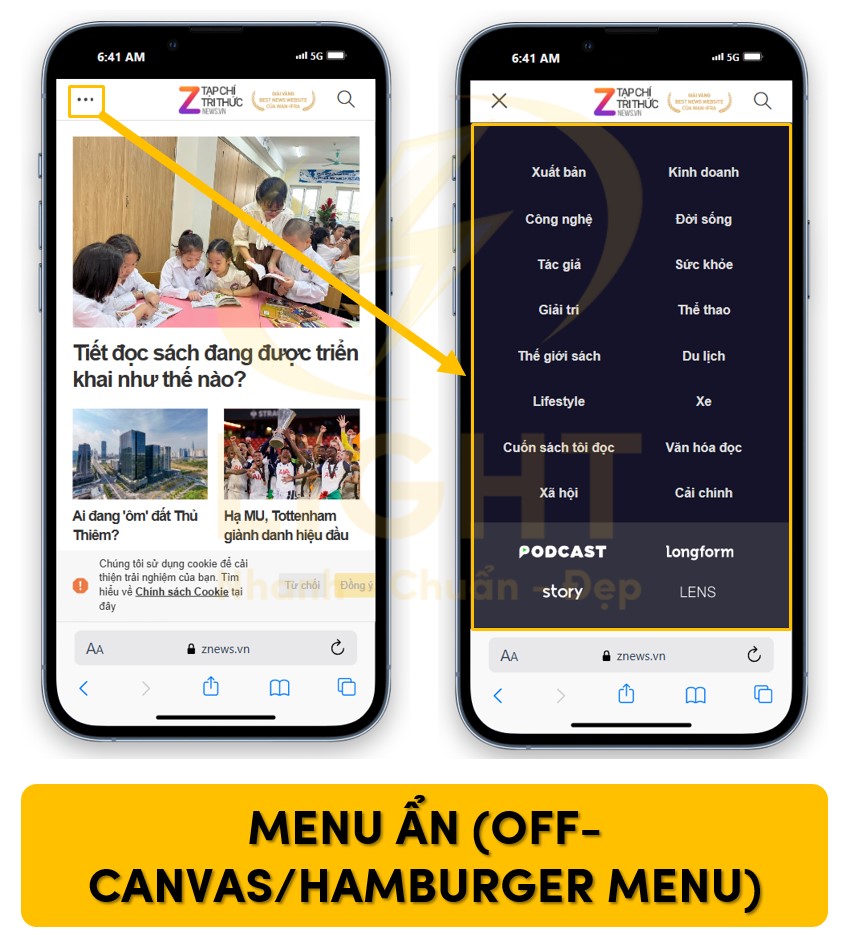 Dạng menu ẩn trên mobile của Zingnew