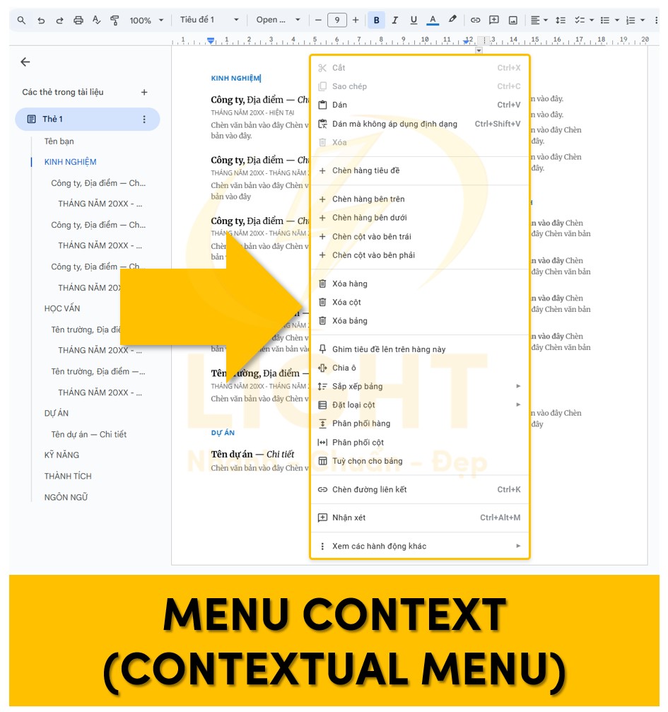 Dạng menu context của Google Doc