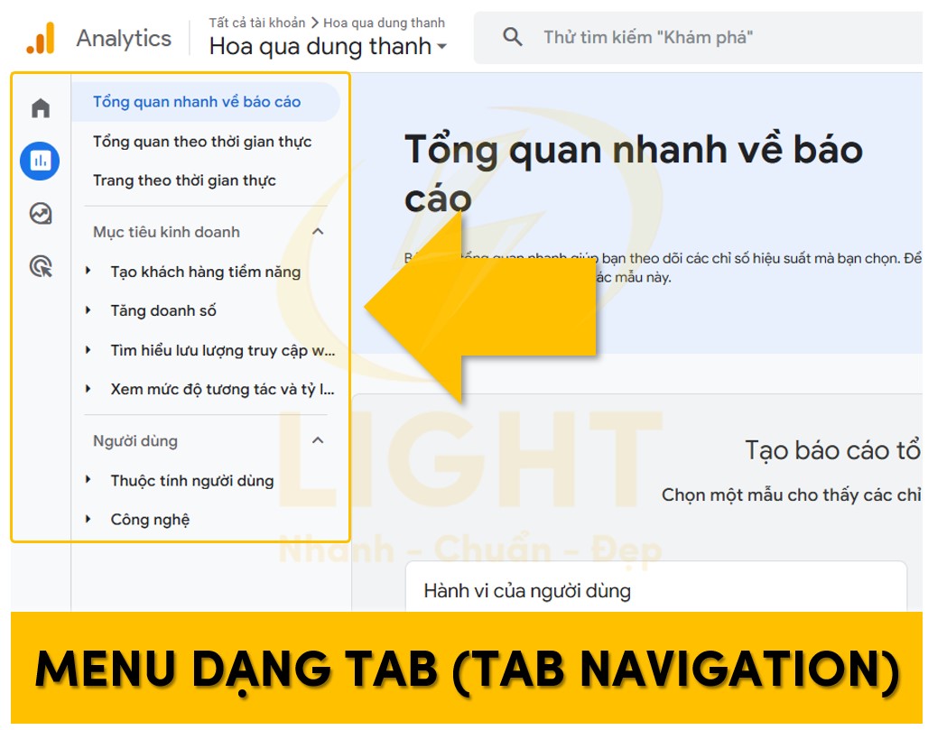 Dạng menu dạng tab của Google Analytic