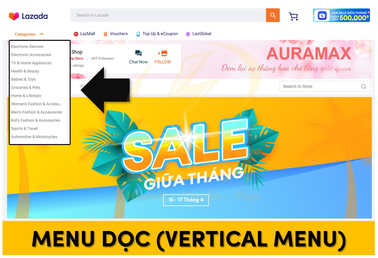 Dạng menu dọc của Lazada