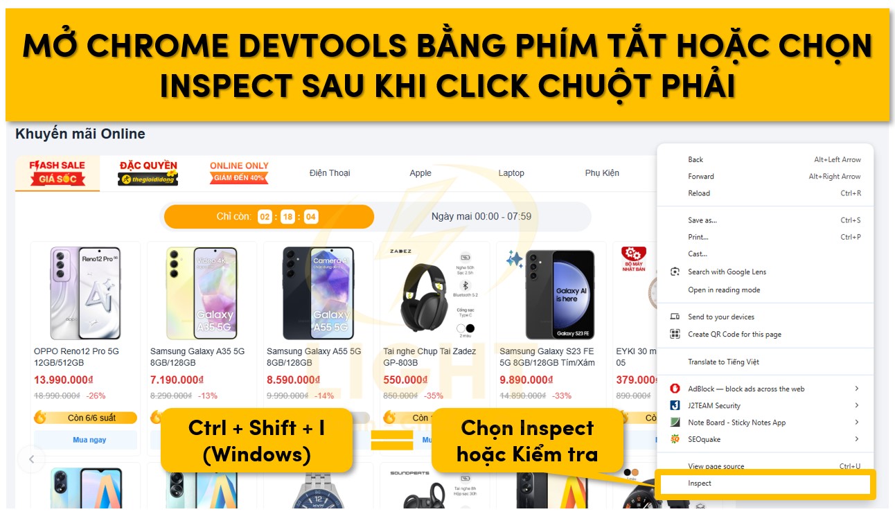 Dùng phím tắt hay mở Inspect để kiểm mở trình kiểm tra trên Chrome