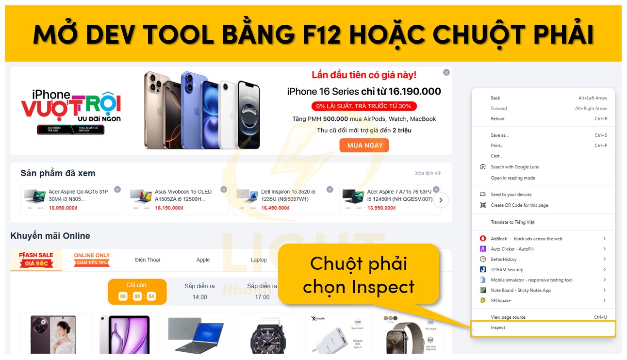 Mở Dev Tool trên trình duyệt Chrome bằng F12 hay chuột phải