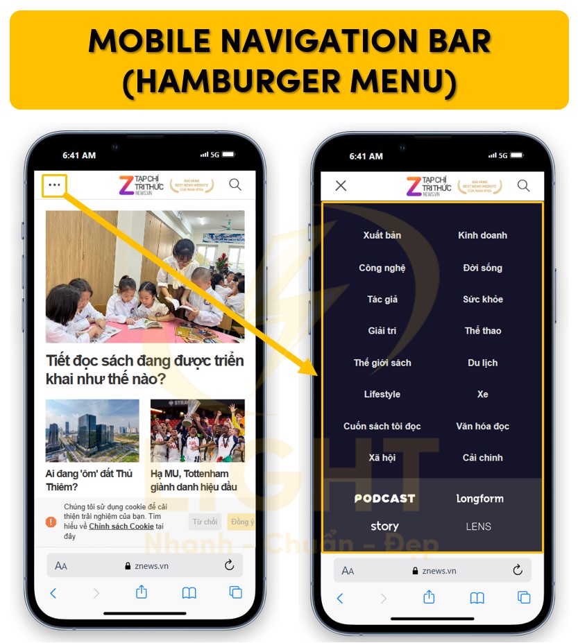 Dạng Navigation Bar ẩn sử dụng trên mobile