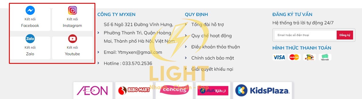 Một giao diện chân trang đính kèm mạng xã hội mà LIGHT cung cấp