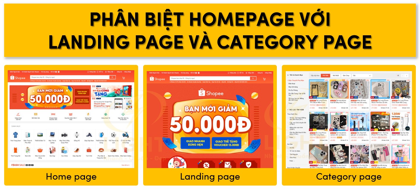 Phân biệt homepage, category page và lading page