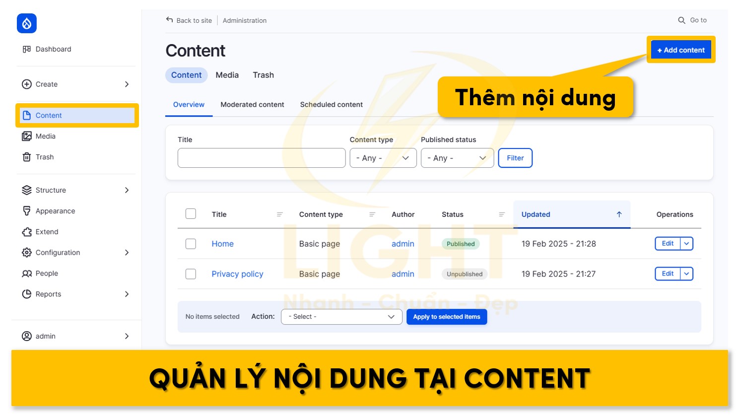 Quản lý hay thêm bài viết ở mục Content