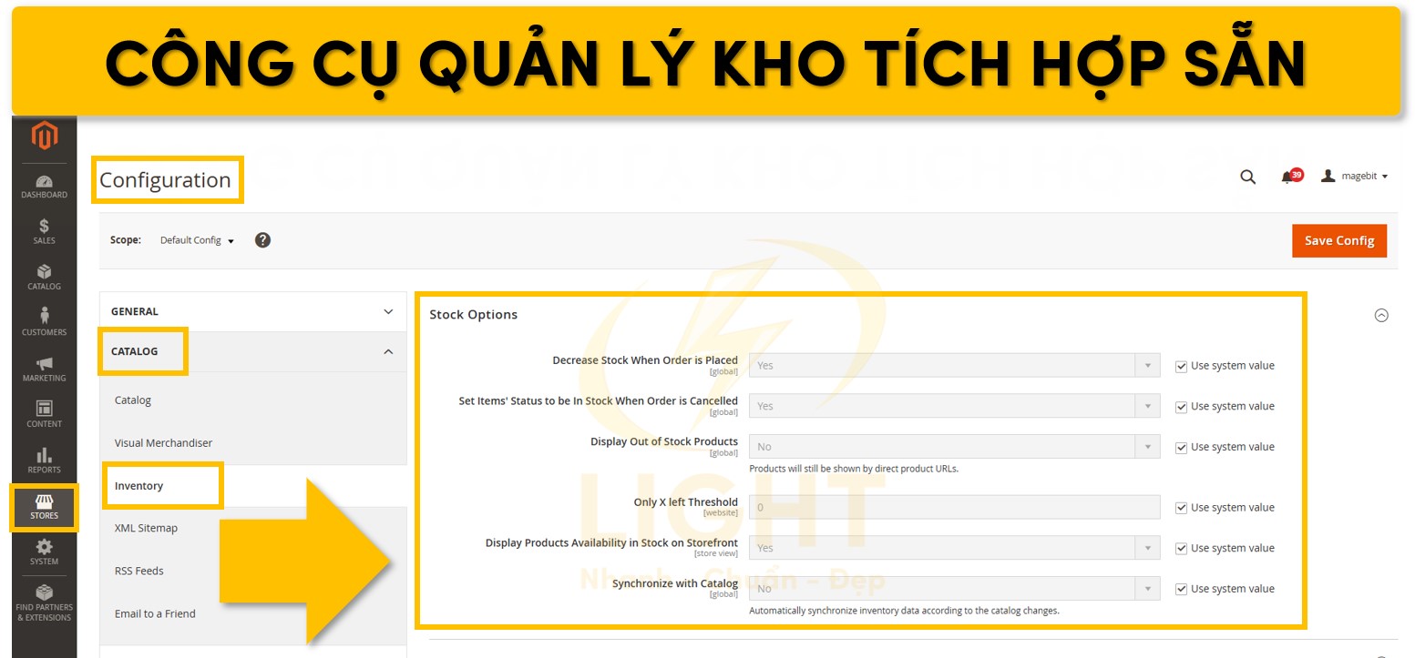 Trang quản lý kho hàng được tích hợp trong Magento