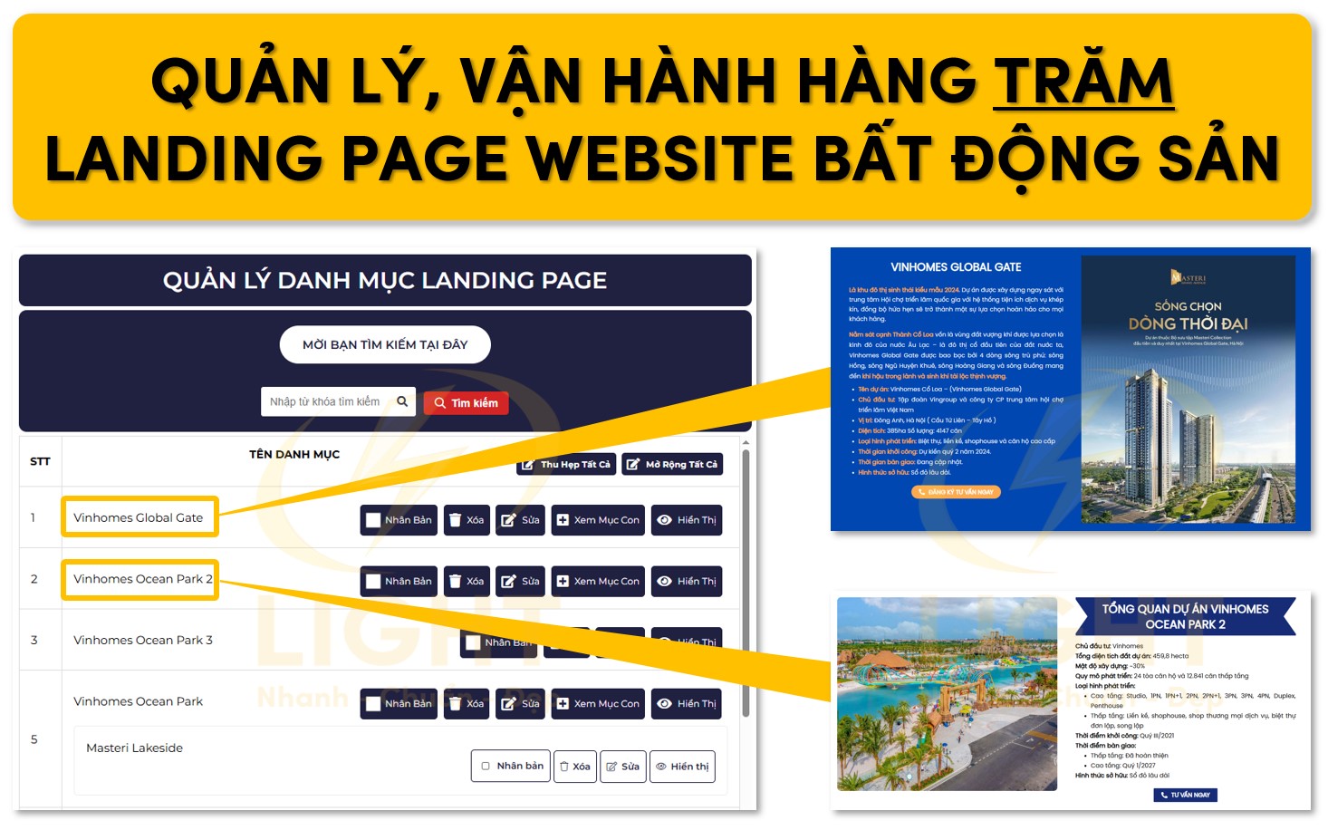 Dễ dàng vận hành và quản lý hàng Trăm landing page trên website bất động sản của Light