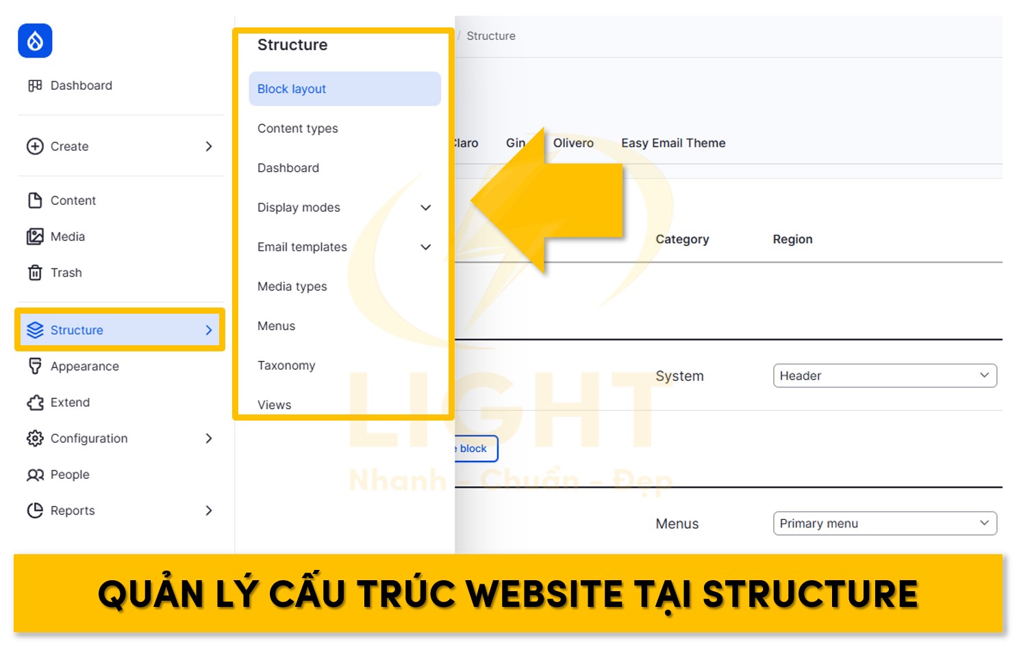Tùy chỉnh cấu trúc website tại mục Structure