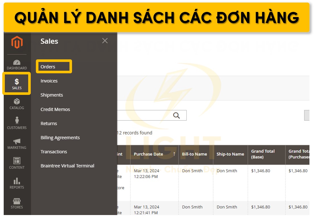 Truy cập vào trang quản lý danh sách đơn hàng