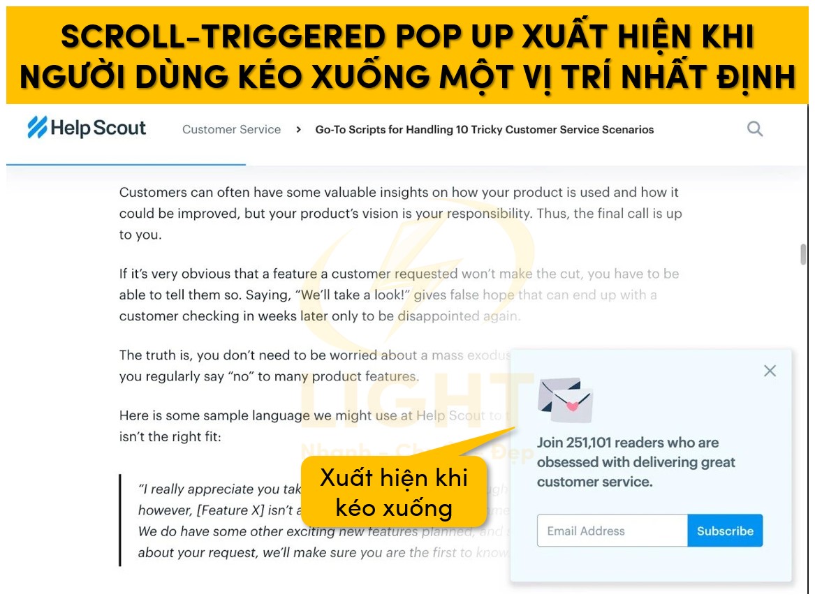 Scroll-Triggered Pop Up xuất hiện khi người dùng kéo xuống một vị trí nhất định