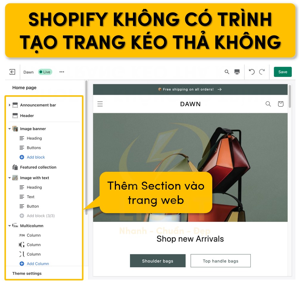 Shopify không hỗ trợ trình tạo trang kéo thả