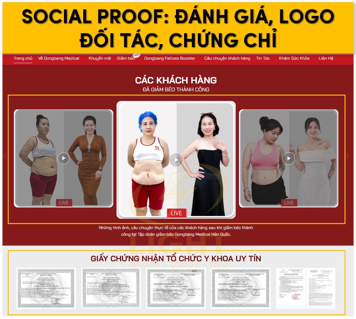 Thêm các đánh giá xã hội như logo chứng chỉ đối tác hay đánh giá khách hàng