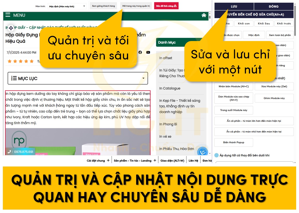 Website chuẩn SEO của Light giúp quản trị và sửa nội dung một cách trực quan và nhanh chóng