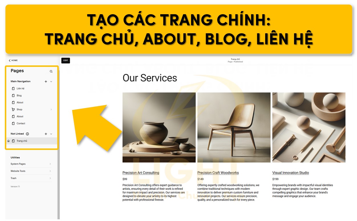 Tạo các page chính trên trang như: trang chủ, abou, blog, liên hệ